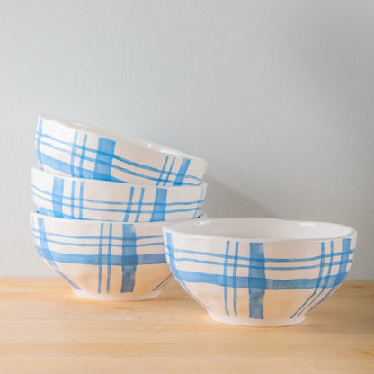 Pier 1 Country Blue Plaid Set of 4 Rice Bowls